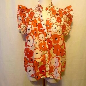 Pinch Red and White Floral Blouse with Ruffle Sleeves